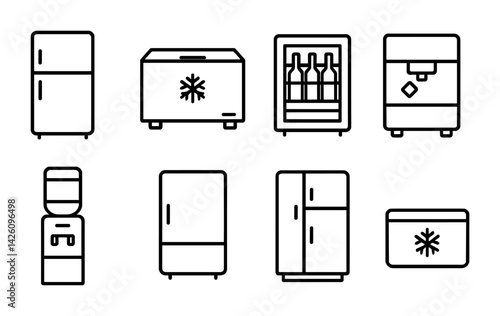 Linear kitchen appliance icons set: refrigerators, freezers, wine coolers