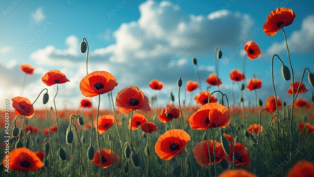 Red poppy field honoring war veterans