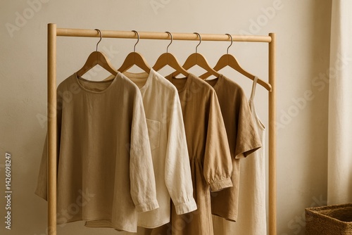 Wallpaper Mural Neutral linen clothes on wooden hangers hanging on rack in minimal wardrobe interior with natural light Torontodigital.ca