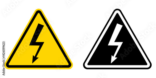 High Voltage Sign. Danger symbol. Black arrow isolated in yellow triangle. Warning sign. Vector illustration