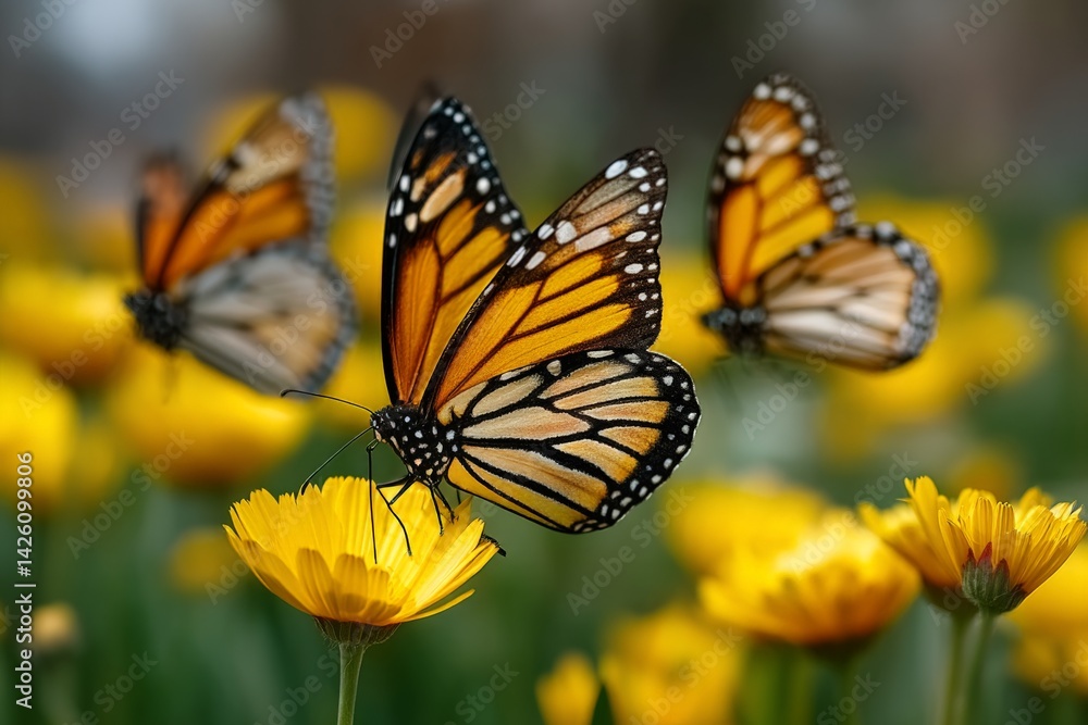 Fototapeta premium Beautiful monarch butterflies resting on vibrant yellow flowers in a sunny garden setting during springtime