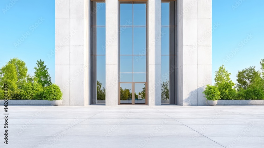 Modern white office building facade with large windows and a paved plaza Modern white office building facade with large windows and a paved plaza