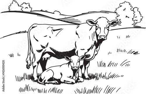 Cow and Calf Grazing in Pasture Illustration
