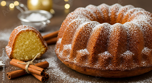 Bundt Cake With Powdered Sugar And Cinnamon Sticks For Holiday Dessert