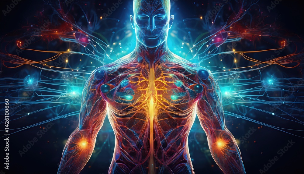 Abstract Artwork Intricate Networks of Human Form Illuminated in an Abstracted Universe at Dusk Vibrant Textures, Bold Colors, and Ethereal Atmosphere Abstract Artwork Intricate Networks of Human Form Illuminated in an Abstracted Universe at Dusk Vibrant Textures, Bold Colors, and Ethereal Atmosphere
