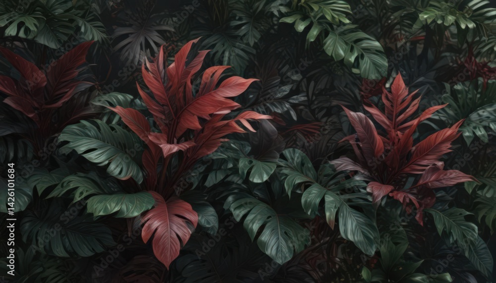 Intricate dark green & crimson tropical leaves, lush foliage , illustration, palm, shadowy Intricate dark green & crimson tropical leaves, lush foliage , illustration, palm, shadowy