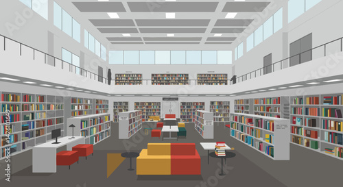 Modern library interior with bookshelves and cozy seating  