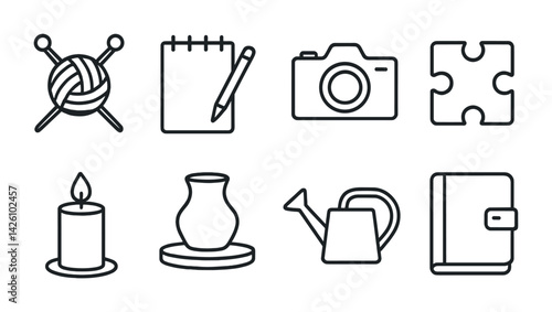 Creative hobbies linear icon set: knitting, photography, pottery & more