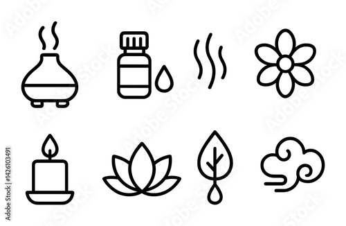 Relaxation and wellness icon set: essential oils, aromatherapy, and nature in outline style