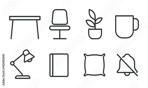 Home office essentials icon set: modern linear style for workspace design