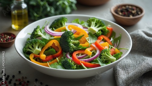Healthy summer vegetable salad with broccoli, pepper, and onion on a white plate