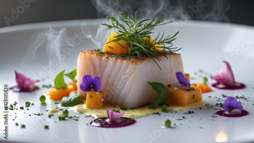 Fototapeta Naklejka Na Ścianę i Meble -  Gourmet Cuisine Featuring Cod and Hake with Edible Flowers and Purple Potatoes