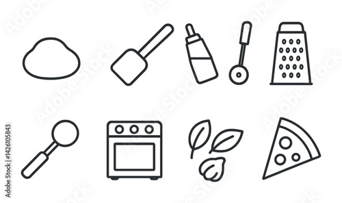 Baking essentials icon set: flat line art style with dough, oven, pizza, and more
