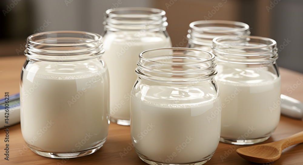 Homemade Yogurt In Glass Jars With Wooden Spoon On Table Background Homemade Yogurt In Glass Jars With Wooden Spoon On Table Background