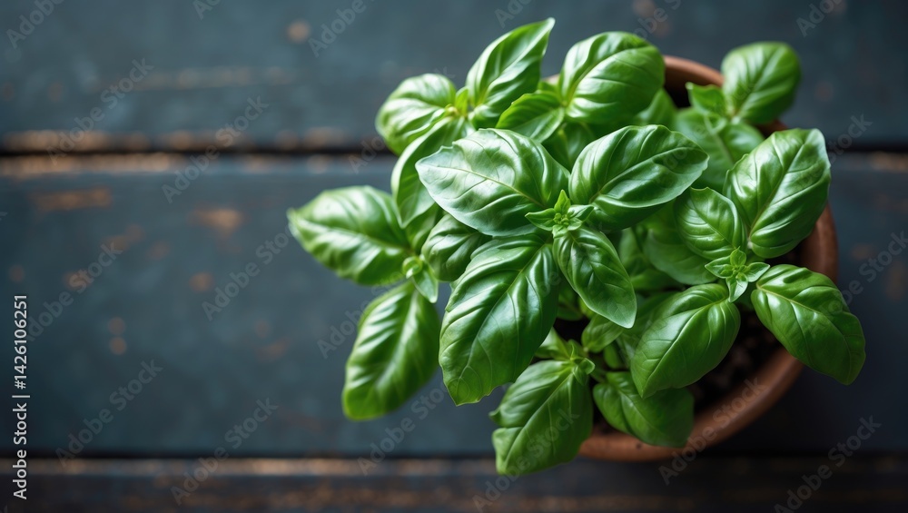 Organic Basil Leaves in a Wooden Pot for Culinary Use, Top View Organic Basil Leaves in a Wooden Pot for Culinary Use, Top View