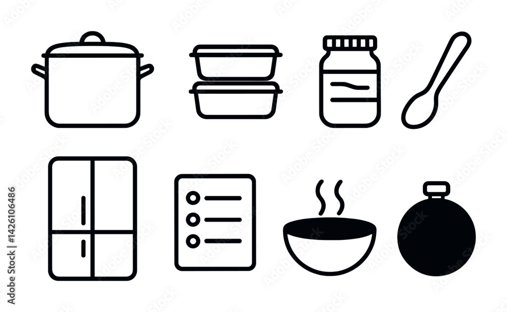 Fototapeta premium Essential kitchen icons set: linear style cooking, storage, and tools