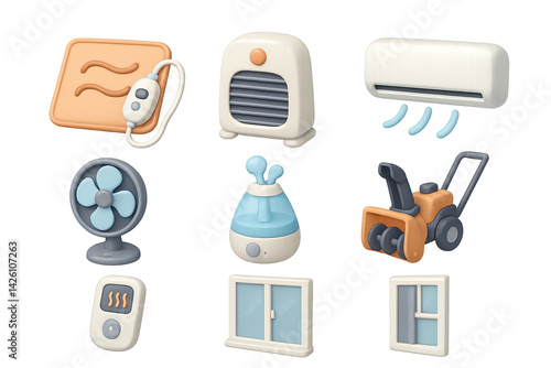 Home appliances icon set – 3d style household device pictograms for domestic use: electric heater, air conditioner, fan, humidifier, snow blower, window, radiator control