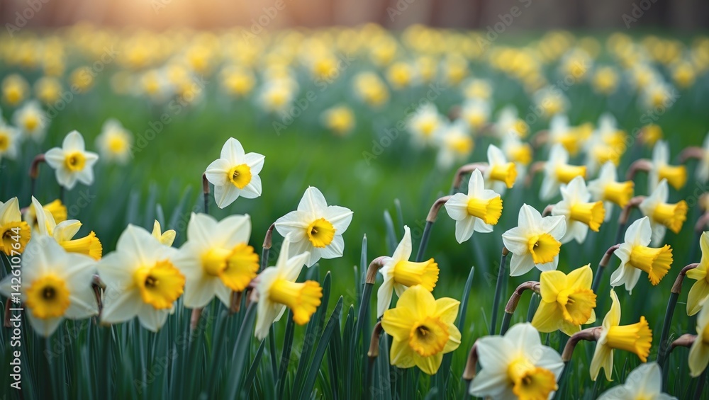 Obraz premium Blooming daffodils against a lush green grass background