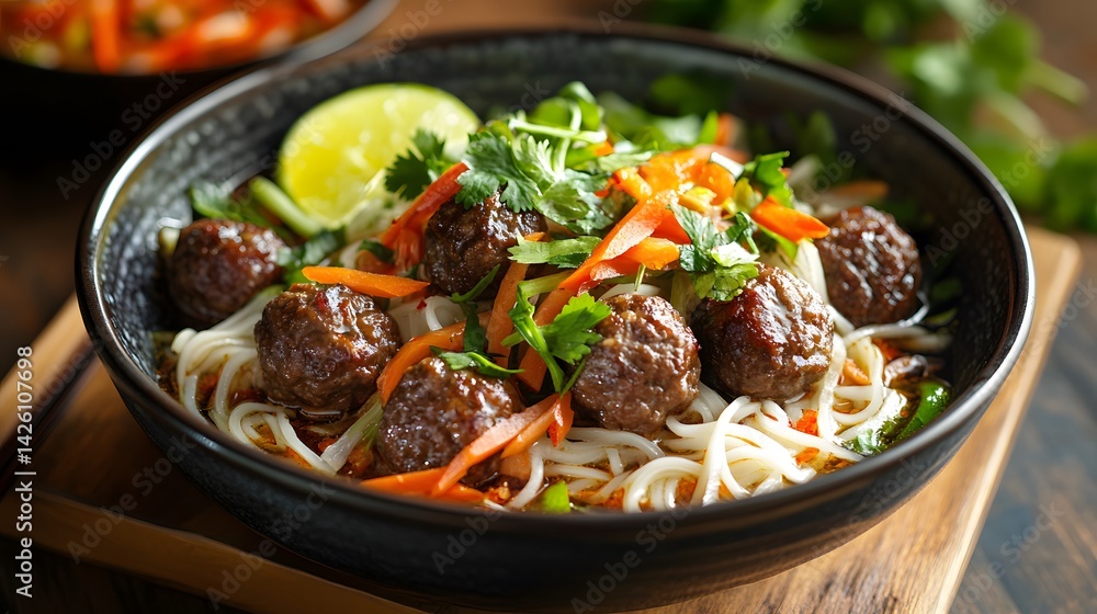 Bowl of noodle soup with Lao-style beef balls Bowl of noodle soup with Lao-style beef balls