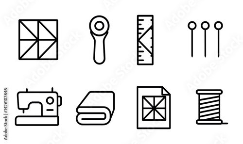 Comprehensive sewing icon set: linear style textile tools and equipment