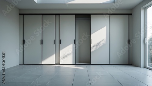 Front perspective of a modern built-in wardrobe with sliding doors and wooden floors