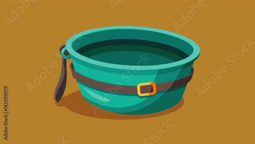 A collapsible water bowl that can be attached to any belt or waistband for quick and easy use while on the go.. Vector illustration
