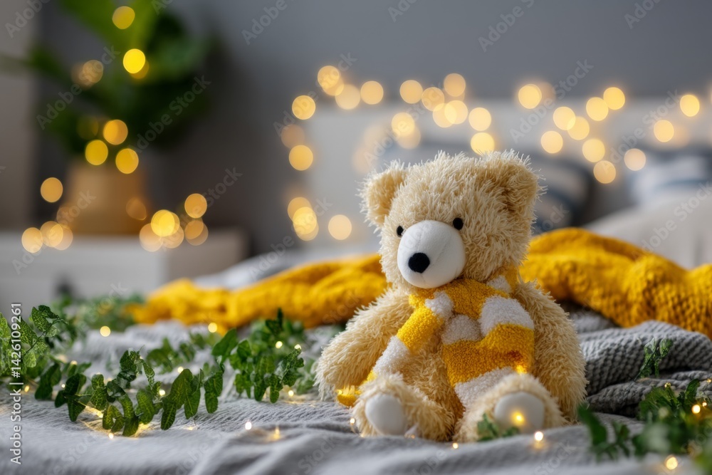Fototapeta premium Cozy bedroom setting with a teddy bear dressed in a scarf among green leaves and warm fairy lights