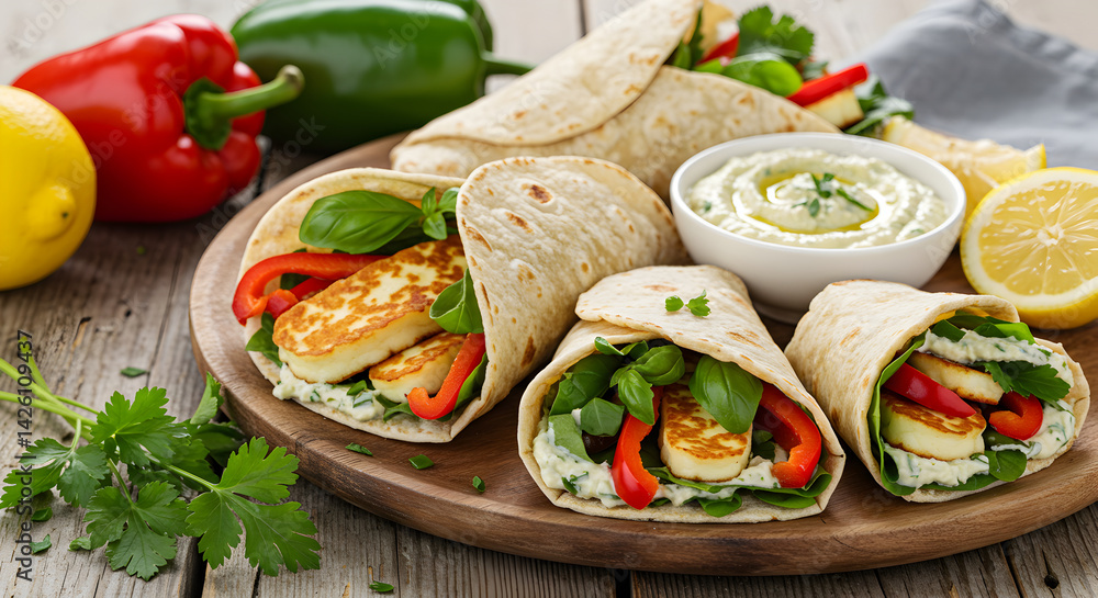 Delicious Halloumi Wraps Plated Nicely With Fresh Vegetables And Creamy Dip Delicious Halloumi Wraps Plated Nicely With Fresh Vegetables And Creamy Dip