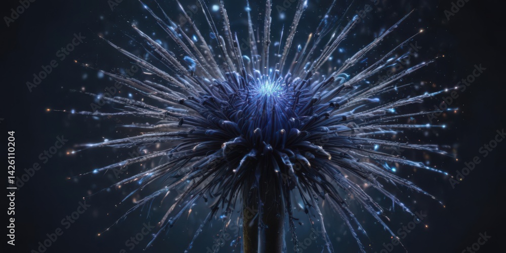 Fototapeta premium Single blue firework bloom, intricate detail, atmospheric depth, texture, star