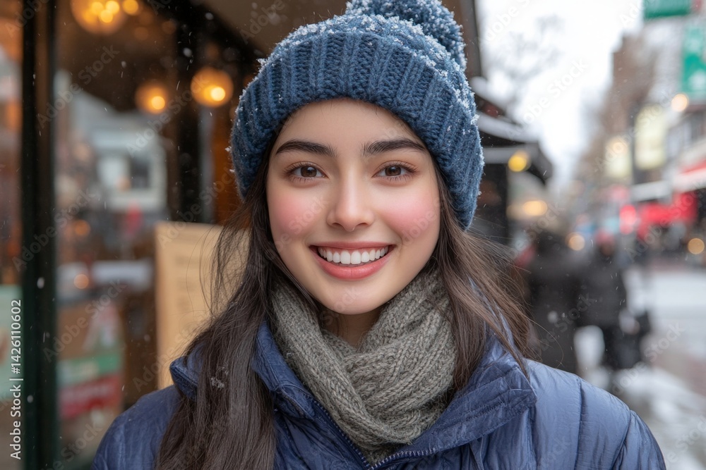Smiling woman in winter attire enjoys a snowy day in a bustling city street filled with holiday cheer Smiling woman in winter attire enjoys a snowy day in a bustling city street filled with holiday cheer