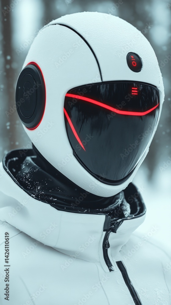 Person in white futuristic helmet and jacket stands outdoors in snowy weather.