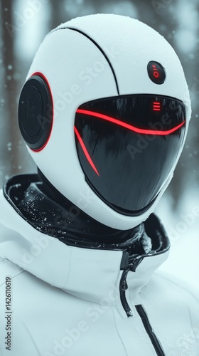 Obraz na płótnie Person in white futuristic helmet and jacket stands outdoors in snowy weather. w salonie
