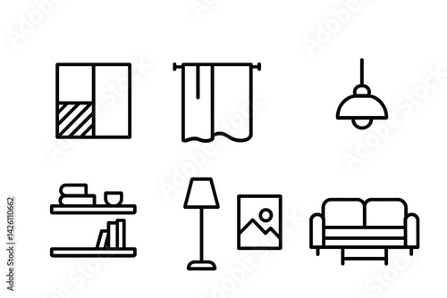 Minimalist home decor icon set: furniture, lighting, shelving, and accessories in linear style