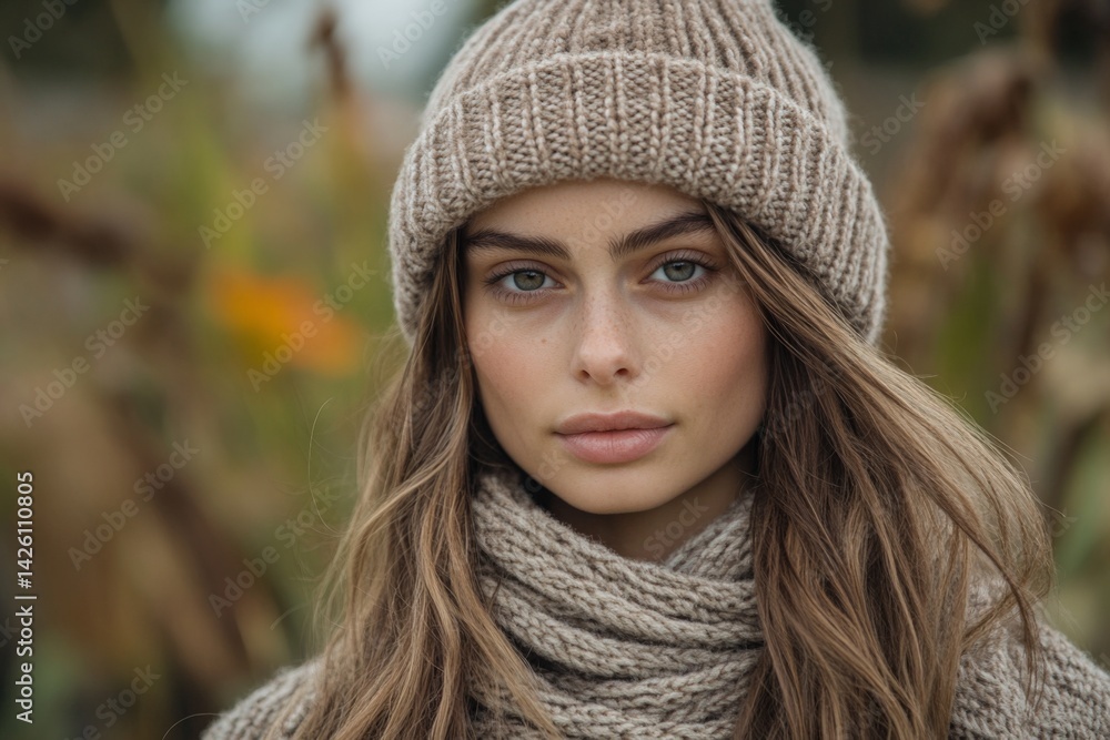 Portrait of a young woman in a cozy sweater and knitted hat during autumn in a rural landscape Portrait of a young woman in a cozy sweater and knitted hat during autumn in a rural landscape