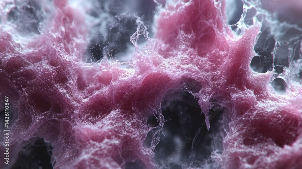 Abstract close-up shows pink and gray textured material with a porous appearance.
