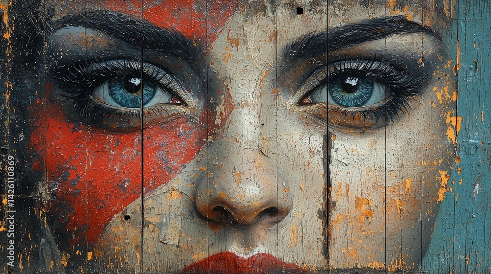 Close-up of a woman's face with red paint and blue eyes.
