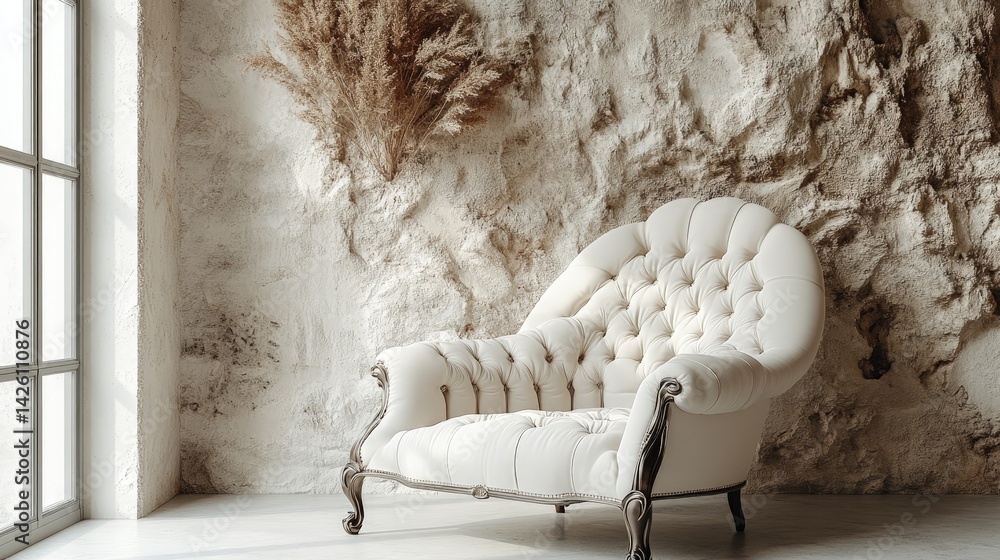 Elegant white armchair near window against textured wall with dried floral arrangement.