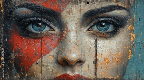 Obraz na płótnie Close-up of a woman's face with red paint and blue eyes. w salonie