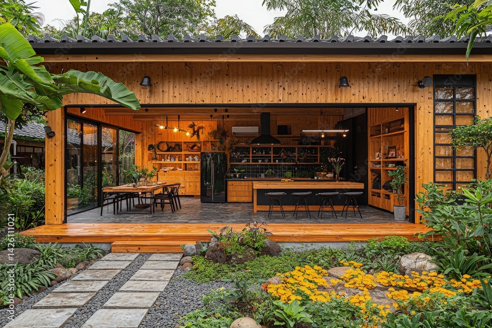 Modern wooden house with open facade overlooking a garden.