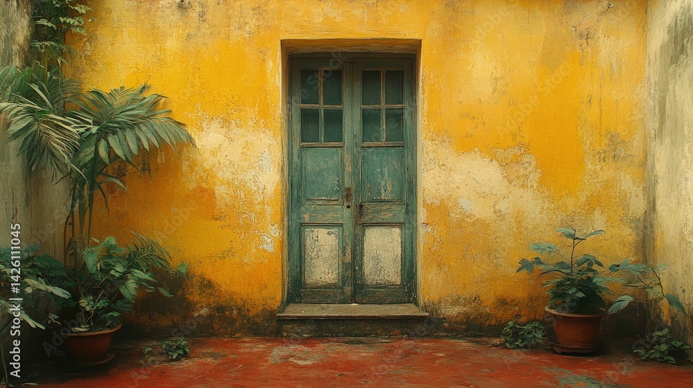 A green door in a yellow wall with plants and a red tiled floor.