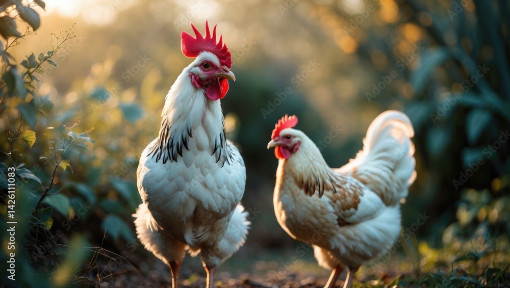 Fototapeta premium Farmyard Bantam Chickens, Rooster, and Hen in a Vibrant Natural Landscape