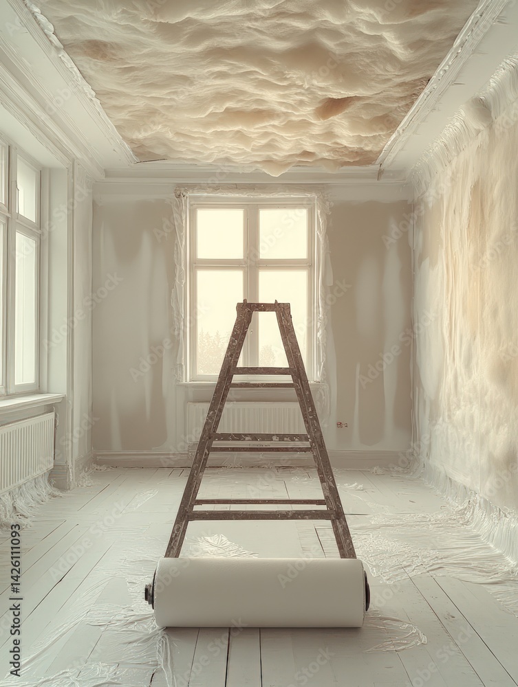 Room interior with ladder and paint roller renovation concept light neutral colors.