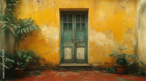 Obraz na płótnie A green door in a yellow wall with plants and a red tiled floor. w salonie