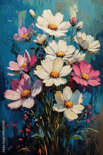 Painting of white and pink flowers with a blue background.