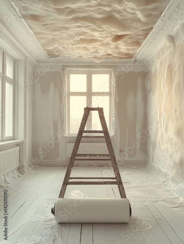 Obraz na płótnie Room interior with ladder and paint roller renovation concept light neutral colors. w salonie