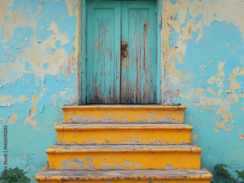 Turquoise door with yellow steps against a weathered blue wall.