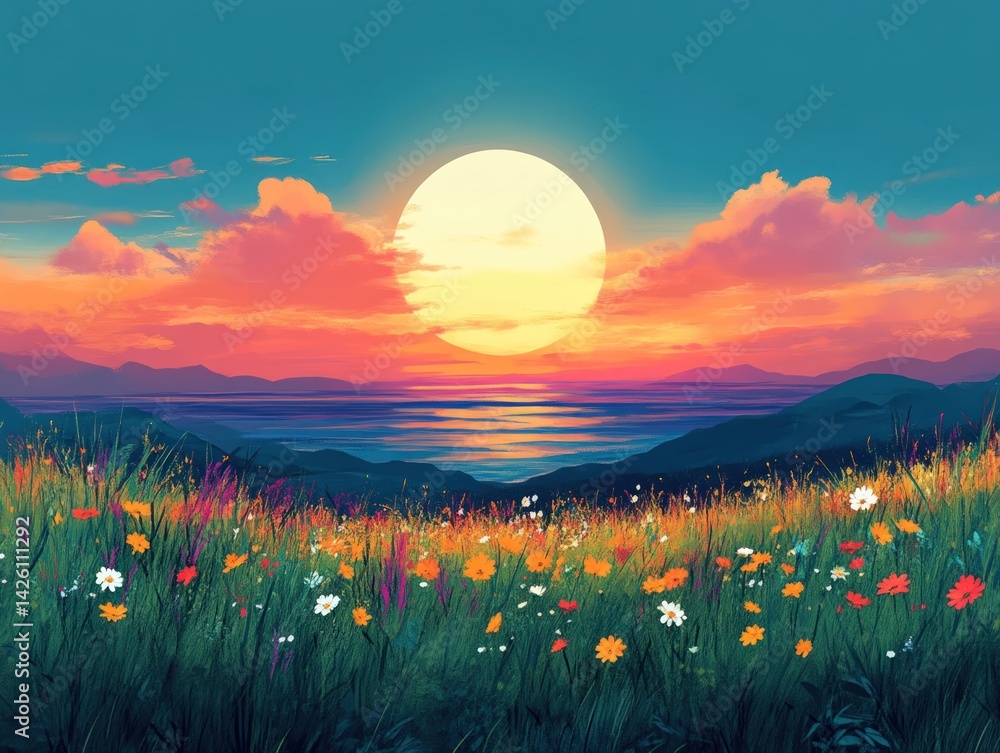 Field of flowers with sun setting over water and clouds in the distance.
