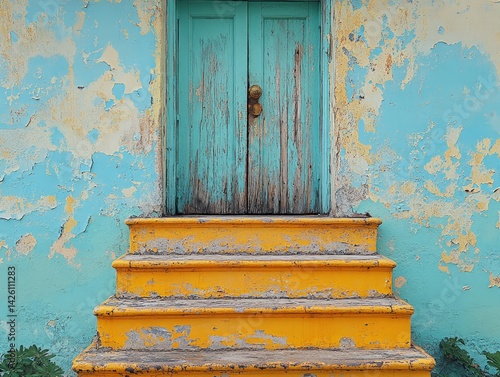 Obraz na płótnie Turquoise door with yellow steps against a weathered blue wall. w salonie
