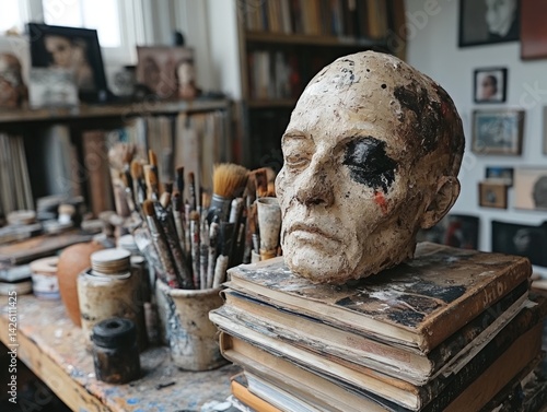Sculpture head on books with brushes and other art supplies in background.