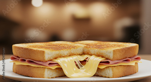 Golden Grilled Cheese Sandwich With Melting Cheese And Ham On Plate